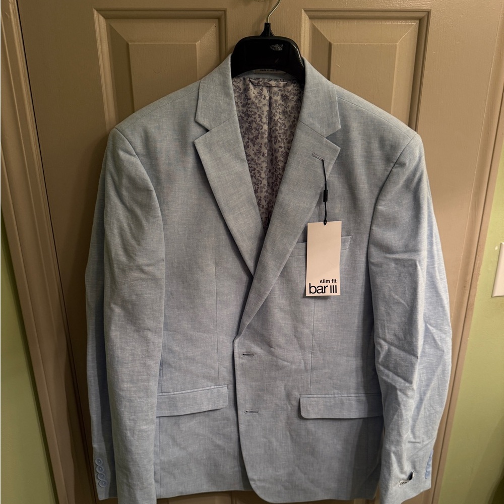 Bar Iii Mens Slim fit Suit Jacket Blazer 42 R Light Blue Solid Linen